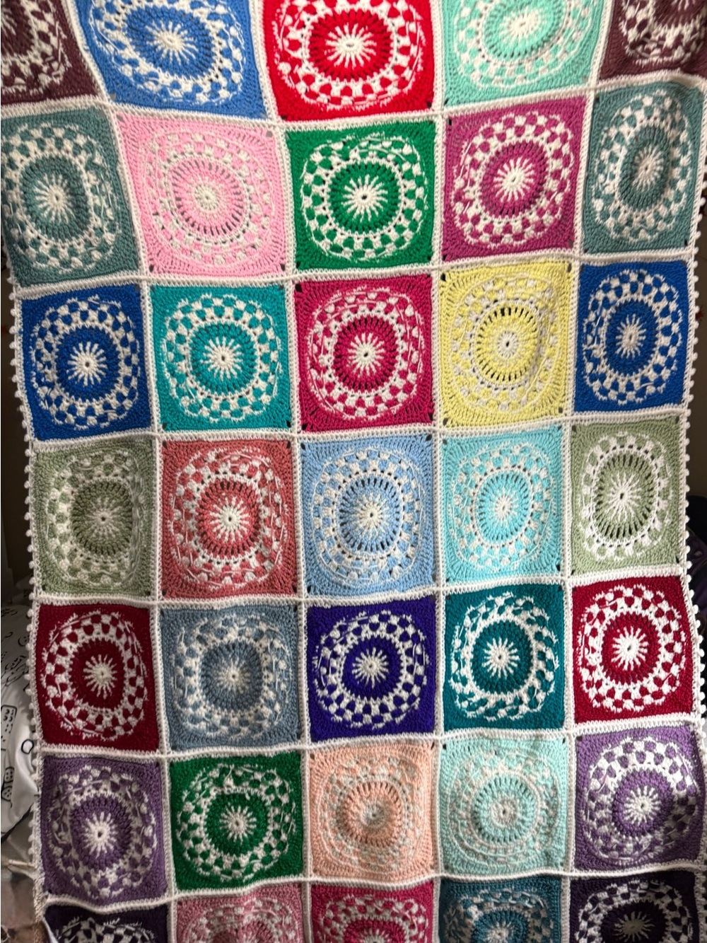 Handmade Vtg 74” X 52”  Multicolor Crochet Square Throw Blanket - Brand